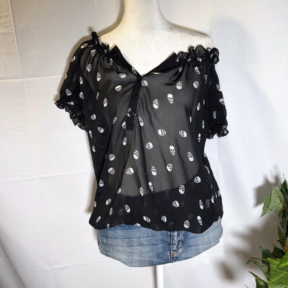 Y2K Scene No Boundaries Black Skull Print Off Shoulder Chiffon Blouse Large
